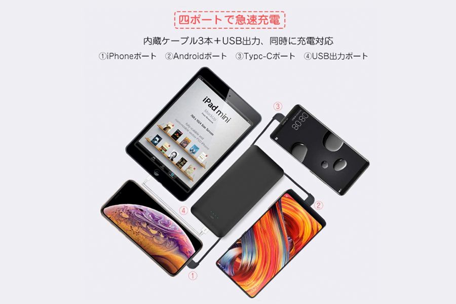 Omkuy 10000mAh(薄型)は4ポート同時利用可能