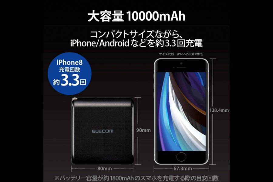 5.ELECOM EC-M06BKの容量は10,000mAhでiPhone12を2回以上充電することが可能