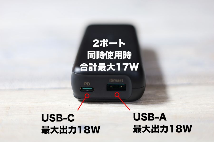 RAVPower RP-PB186は2ポートの出力は最大18W同時使用で17W