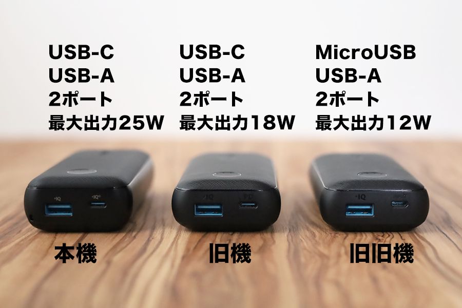 Anker PowerCore 10000Redux 25Wの3台横並べ