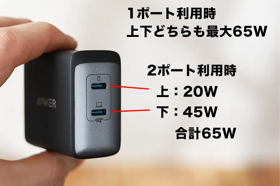 Anker PowerPort III 2-Port 65Wのポートの出力数