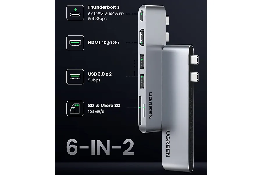 UGREEN USB Cハブ MacBook Pro Air専用 6-in-1のポート部分